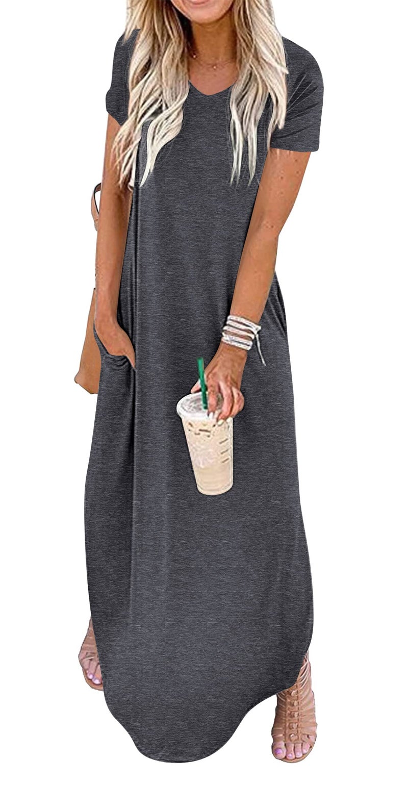 GRECERELLE Women's Maxi Dress Summer Casual Loose Side Split Short Sleeve V Neck Long Dresses with Pockets, Dark Gray, Medium - Image 1